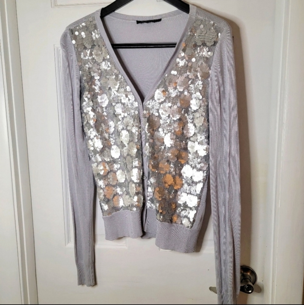 BCBGMAXAZRIA Silver Sequin Cardigan. M.